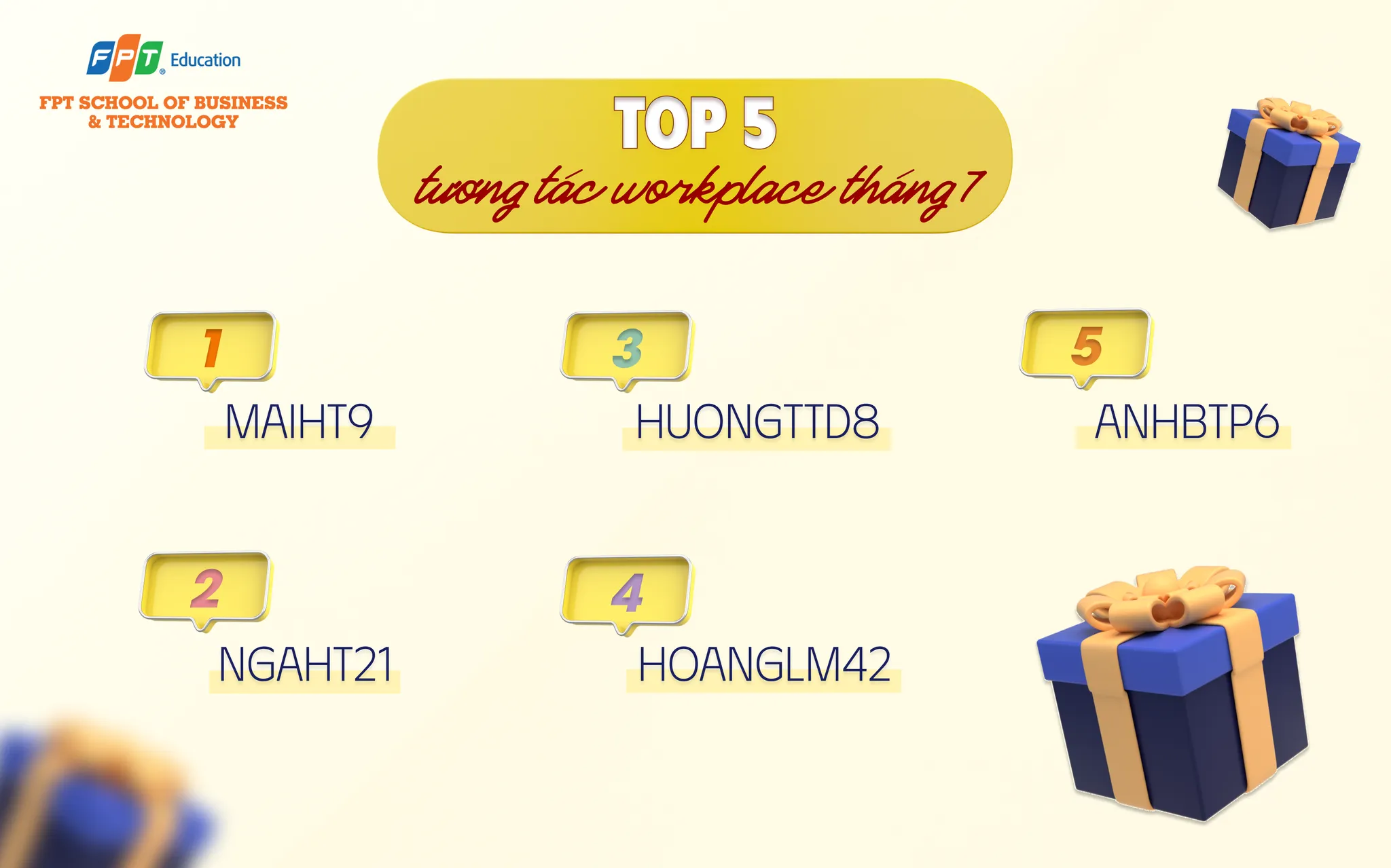 ​Chúc mừng Top 5 cán bộ tương tác năng nổ nhất tháng 7 